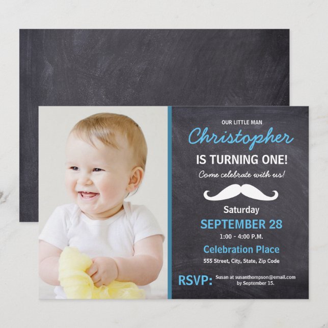 Moustache | 1st  birthday party | photo invitation (Front/Back)