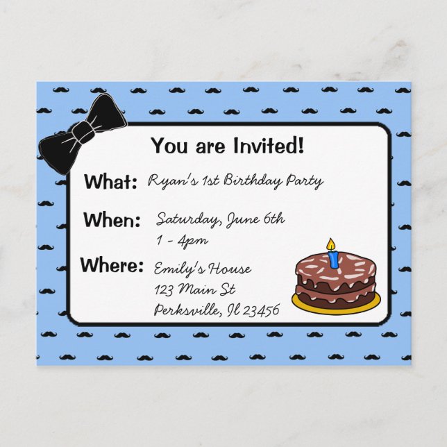 Moustache and Bow tie 1st Birthday Invitation Postcard (Front)