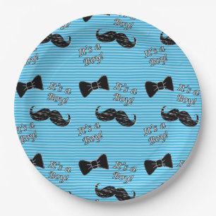 Moustache and Bowtie Blue Baby Shower Paper Plates
