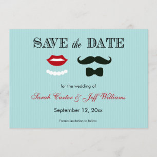 Moustache and Lips Aqua Stripe Save the Date Cards