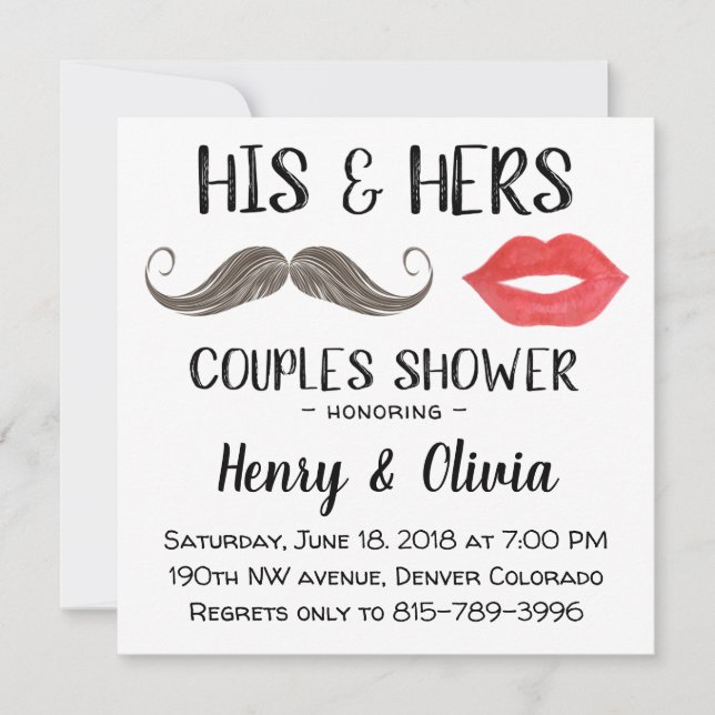 Moustache and Lips Couples Shower invitation (Front)