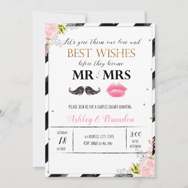 Moustache and lips couples shower invitation (Front)