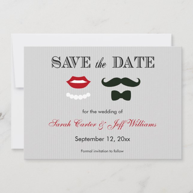 Moustache and Lips Grey Stripe Save the Date Cards (Front)