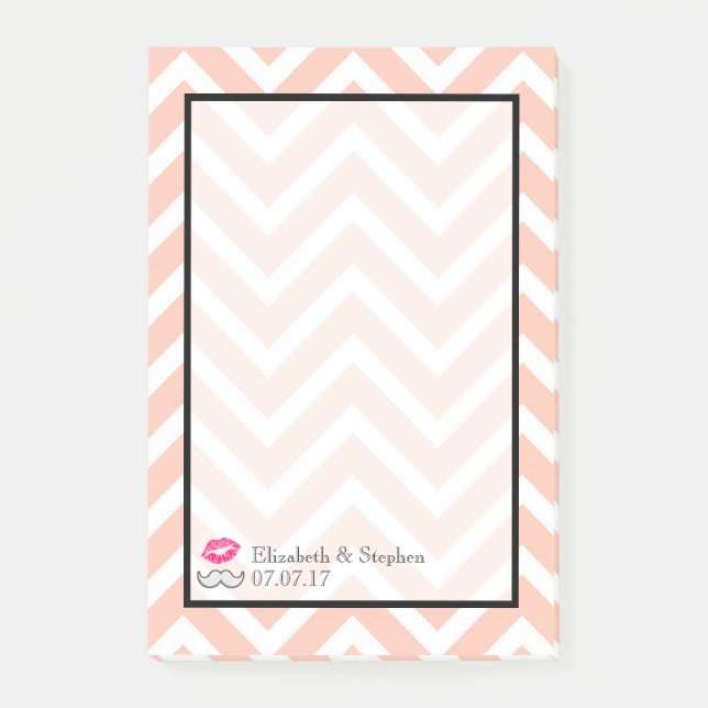 Moustache and Lips on Peach Chevron Wedding Post-it Notes (Front)