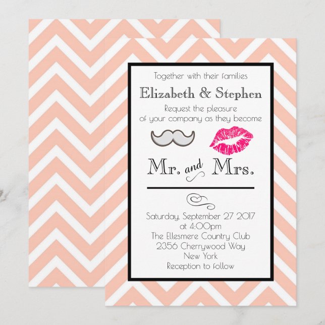 Moustache and Lips Wedding Invite on Peach Chevron (Front/Back)