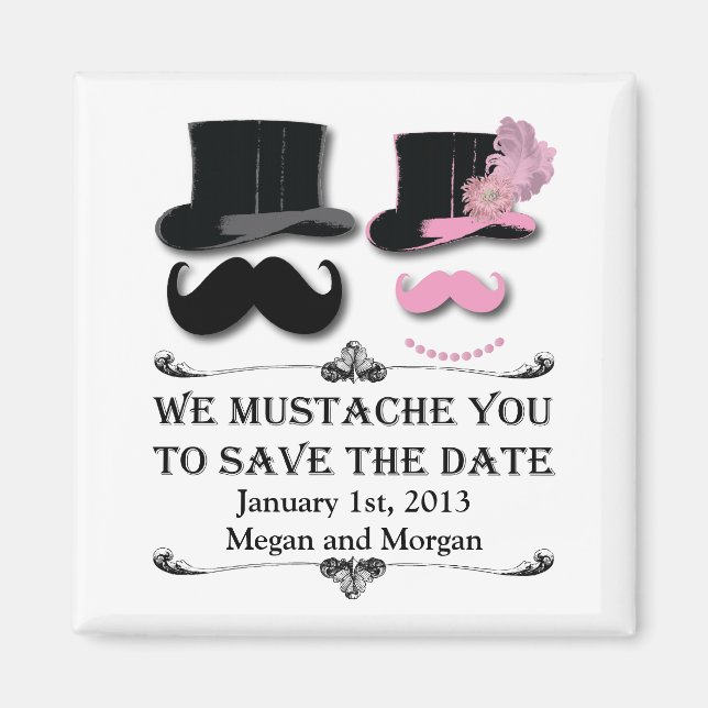 Moustache and Top Hat Save The Date Magnet (Front)
