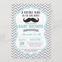 Moustache Baby Shower Invitation Aqua and Grey