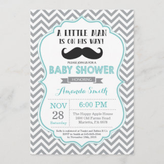 Moustache Baby Shower Invitation Aqua and Grey