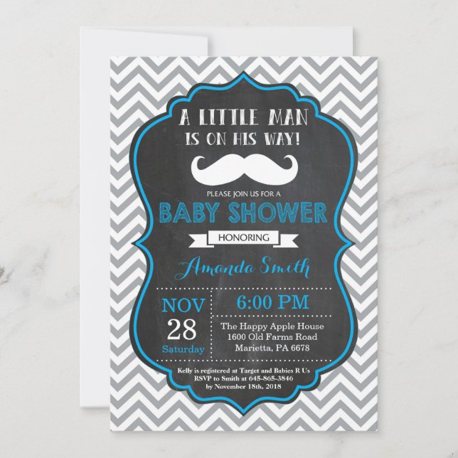 Moustache Baby Shower Invitation Blue and Grey (Front)