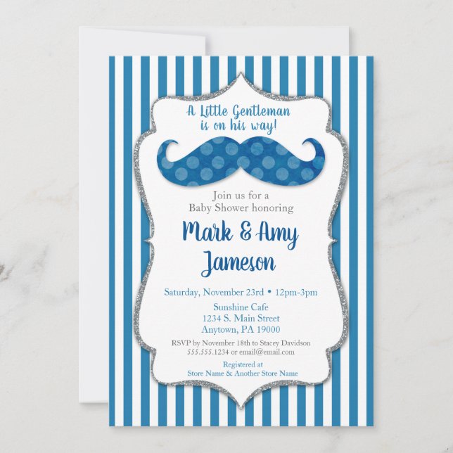 Moustache Baby Shower Invitation Blue Stripes (Front)