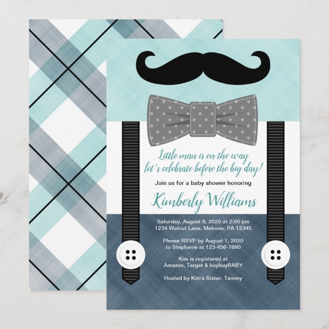 moustache baby shower invitation boy mint navy gre (Front/Back)