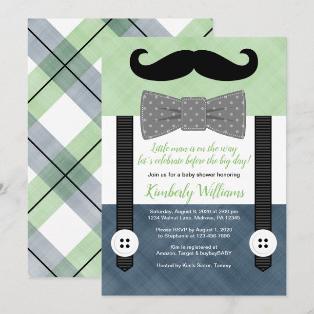 moustache baby shower invitation green navy bow ti (Front/Back)