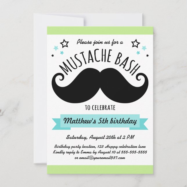 Moustache bash birthday party lime green aqua blue invitation (Front)