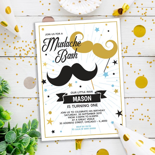 Moustache Bash Boy Birthday Party Faux Glitter Invitation (Creator Uploaded)