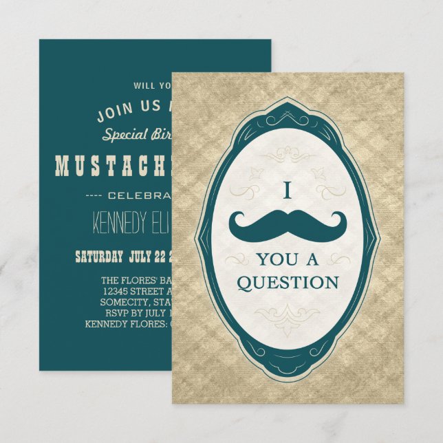 Moustache Bash Question Vintage Frame Invitations (Front/Back)