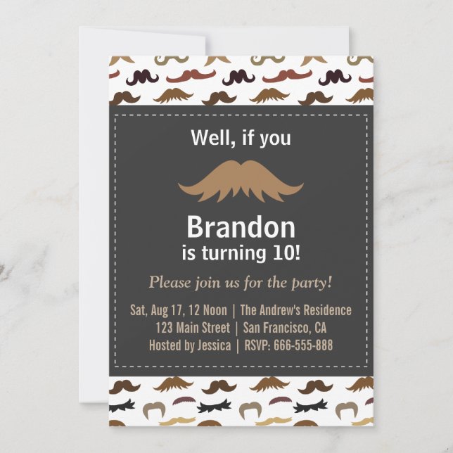 Moustache Birthday Party and Pattern Invitation (Front)