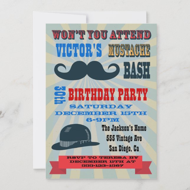 Moustache Birthday Party Invitations (Front)