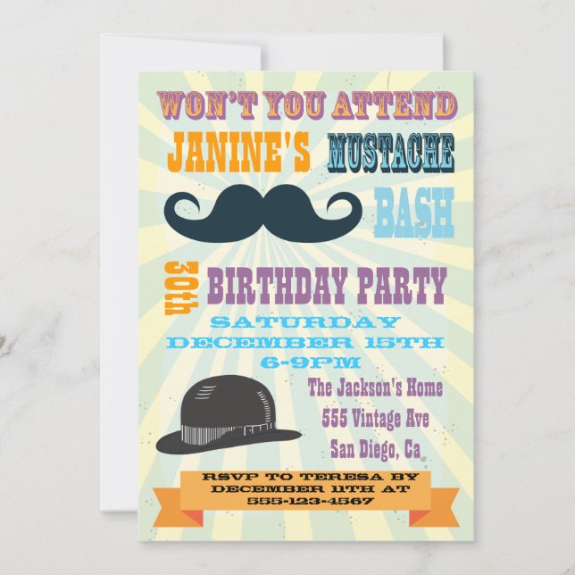 Moustache Birthday Party Invitations (Front)