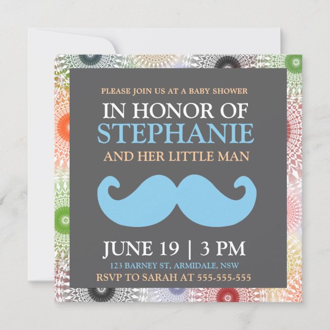 Moustache blue baby boy shower invites (Front)