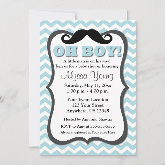Moustache Blue Chevron Baby Shower Invite (Front)