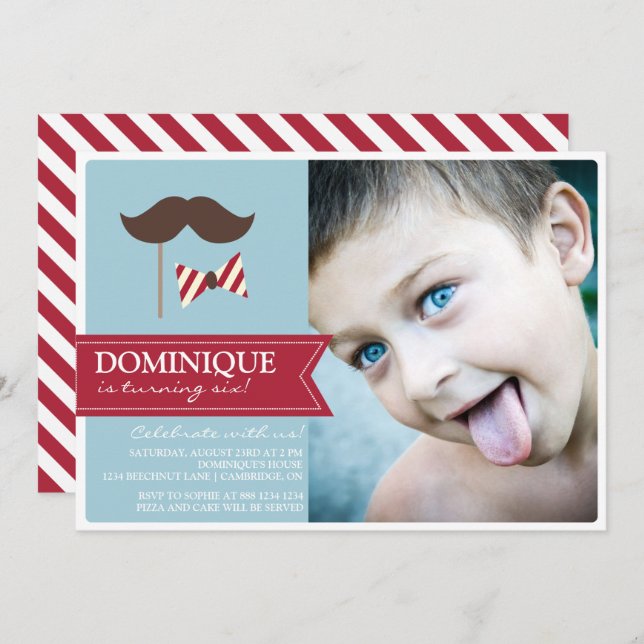 Moustache & Bow Tie Photo Birthday Party Invitatio Invitation (Front/Back)