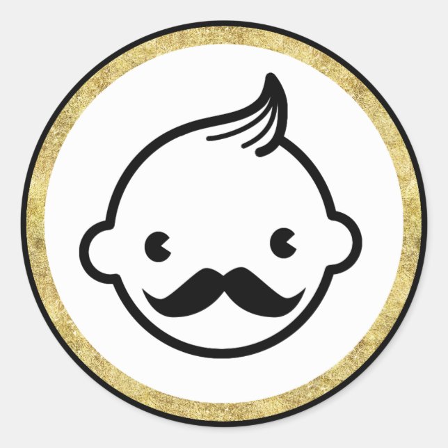Moustache Boy Modern Gold Border Baby Shower Classic Round Sticker (Front)