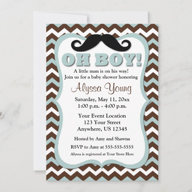 Moustache Brown Blue Chevron Baby Shower Invite (Front)