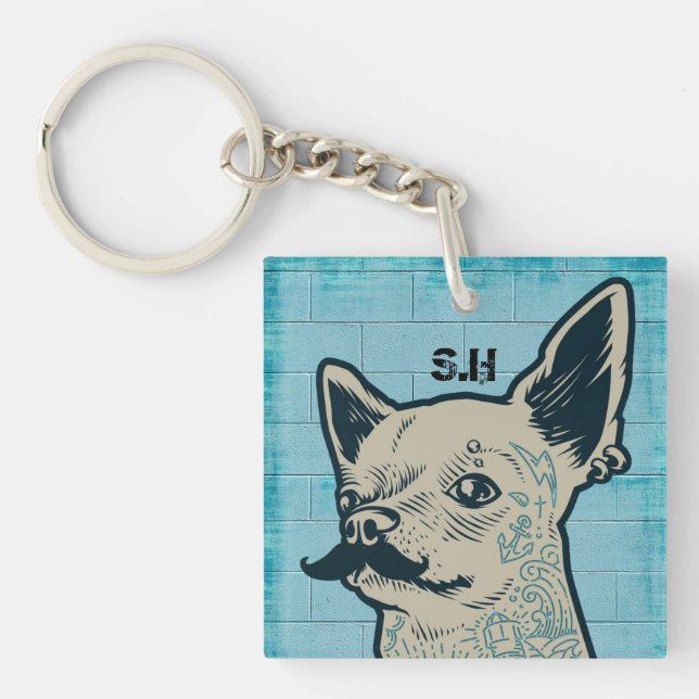 Moustache Chihuahua Graffiti Monogram Keychain (Front)