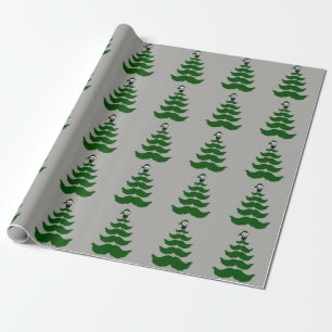 Moustache Christmas Tree Beard Man Topper Green Wrapping Paper