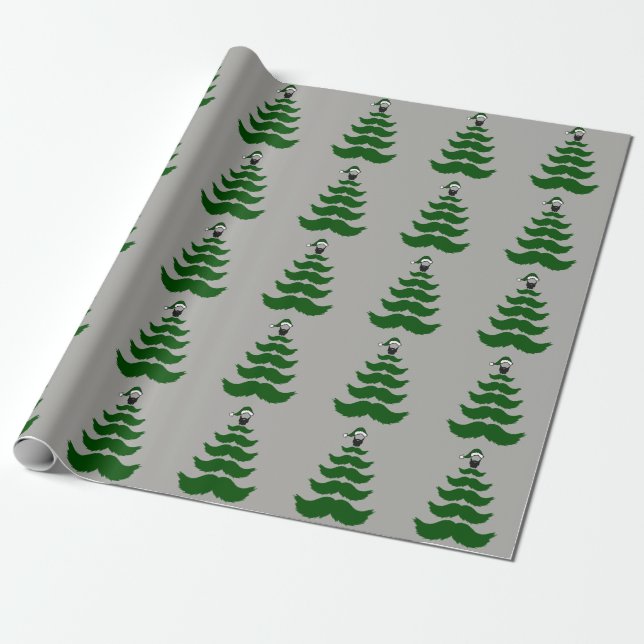 Moustache Christmas Tree Beard Man Topper Green Wrapping Paper (Unrolled)
