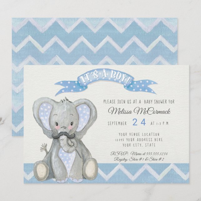 Moustache Cute Baby Elephant Boy Shower Chevron Invitation (Front/Back)