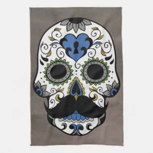Moustache Day of the Dead Sugar Skull Kitchen Towel