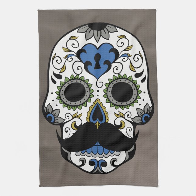 Moustache Day of the Dead Sugar Skull Kitchen Towel (Vertical)