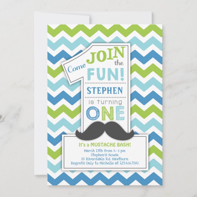 Moustache First Birthday Invitation, Little Man Invitation (Front)