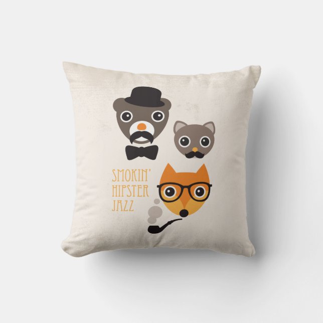Moustache hipster fox cat and bear illustration throw pillow (Front)