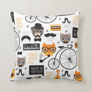 Moustache hipster fox cat and bear illustration throw pillow