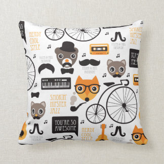 Moustache hipster fox cat and bear illustration throw pillow