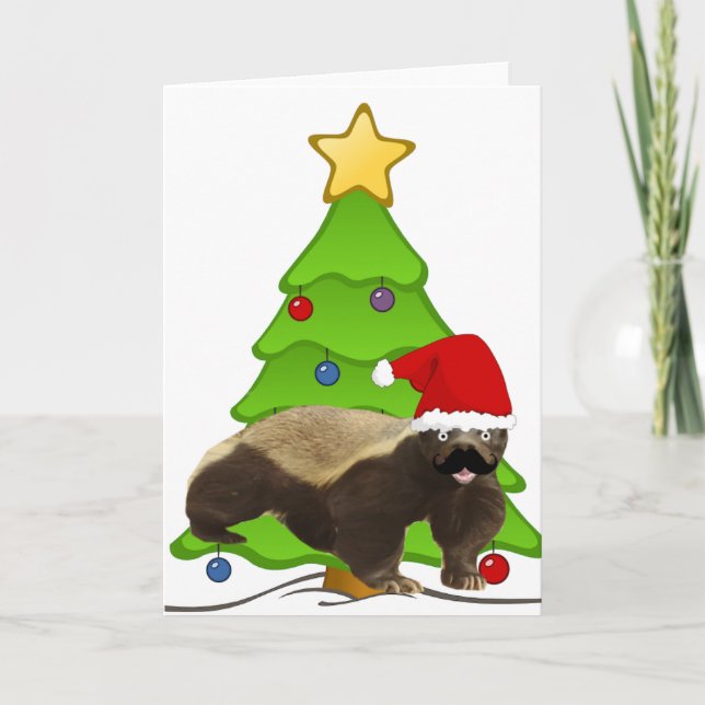 Moustache Honey Badger Santa Holiday Card (Front)