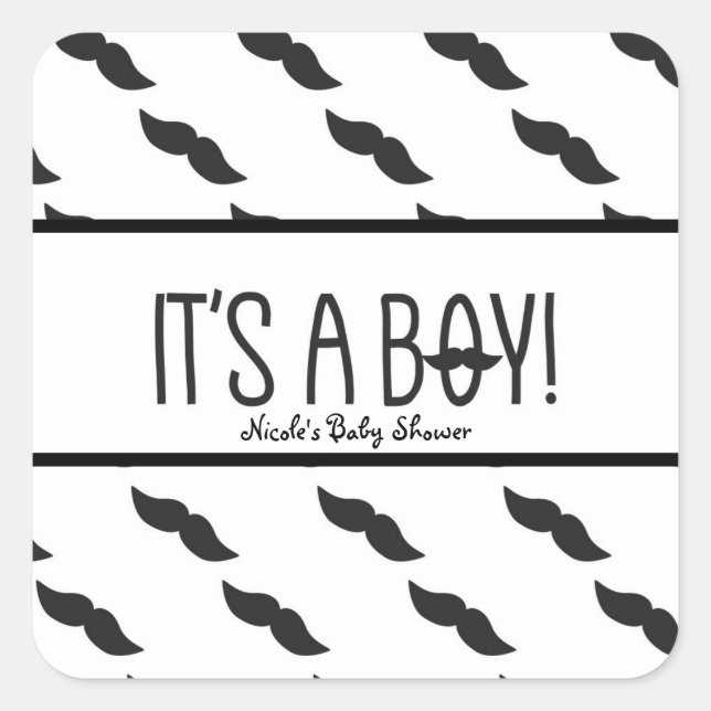 Moustache IT'S A BOY Black White Baby Shower Favou Square Sticker (Front)