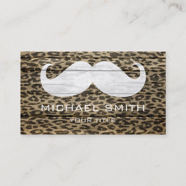 Moustache Leopard on Wood Texture #6 Business Card (Front)