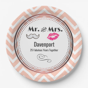 Moustache & Lips Mr. & Mrs. - Anniversary Paper Plate