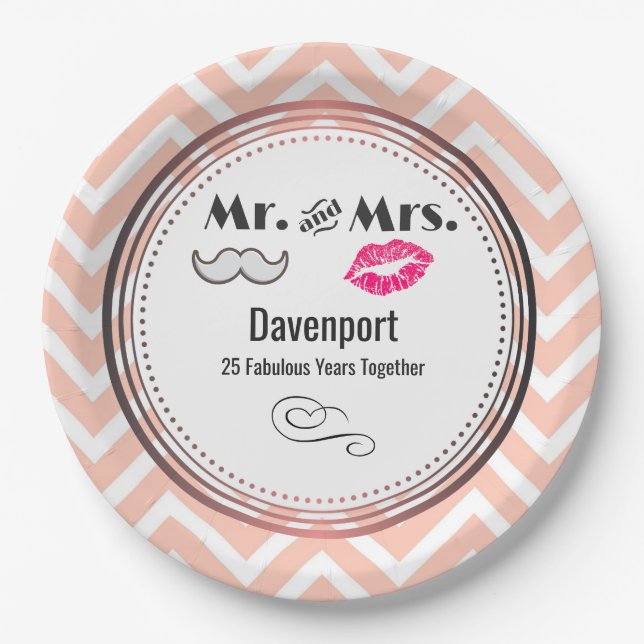 Moustache & Lips Mr. & Mrs. - Anniversary Paper Plate (Front)