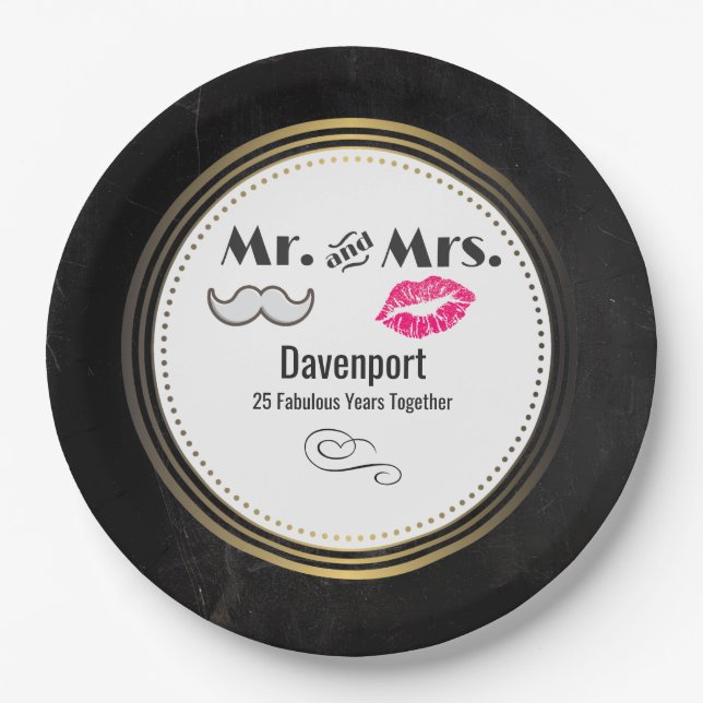 Moustache & Lips Mr. & Mrs. - Anniversary Paper Plate (Front)