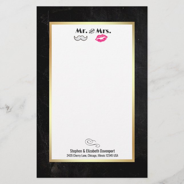 Moustache & Lips Mr. & Mrs. Black and Gold Stationery (Front)