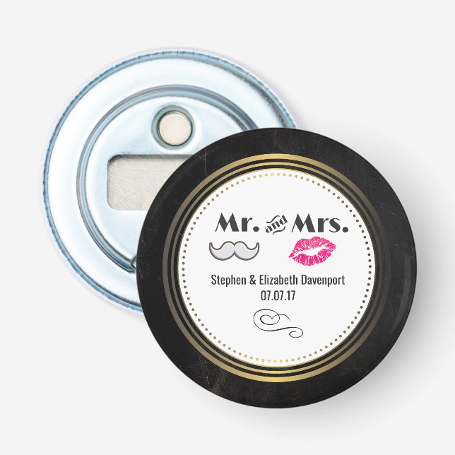 Moustache & Lips Mr. & Mrs. Black & Gold Wedding Bottle Opener (Front)