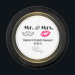 Moustache & Lips Mr. & Mrs. Black & Gold Wedding Magnet<br><div class="desc">A wedding magnet with a modern style wedding design - glamourous pink kissy lips and a masculine retro-looking moustache illustration. Set on a black chalkboard background with a gold gradient circular frame in the centre. Text says Mr. and Mrs. and you can personalize with your names and wedding date.</div>