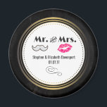 Moustache & Lips Mr. & Mrs. Black & Gold Wedding Magnet<br><div class="desc">A wedding magnet with a modern style wedding design - glamourous pink kissy lips and a masculine retro-looking moustache illustration. Set on a black chalkboard background with a gold gradient circular frame in the centre. Text says Mr. and Mrs. and you can personalize with your names and wedding date.</div>