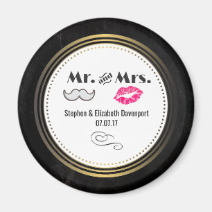 Moustache & Lips Mr. & Mrs. Black & Gold Wedding Magnet