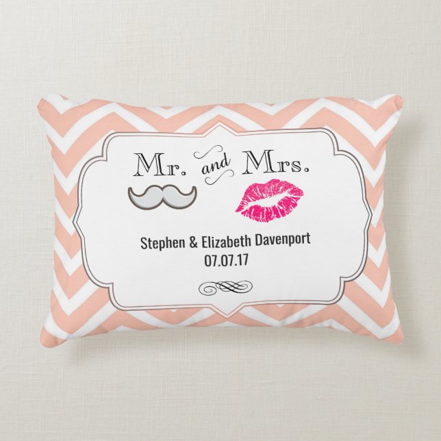 Moustache & Lips Mr. & Mrs. Peach Chevron Wedding Decorative Pillow (Front)