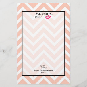 Moustache & Lips Mr. & Mrs. Peach Chevron Wedding Stationery